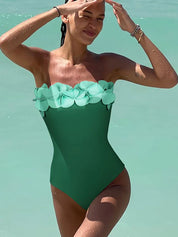 Strapless Green 3D Floral Swimsuit