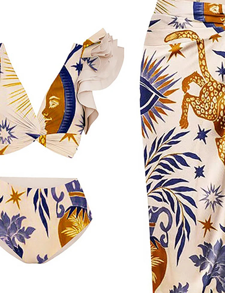 Ruffled Ethnic Print Bikini Set for Women