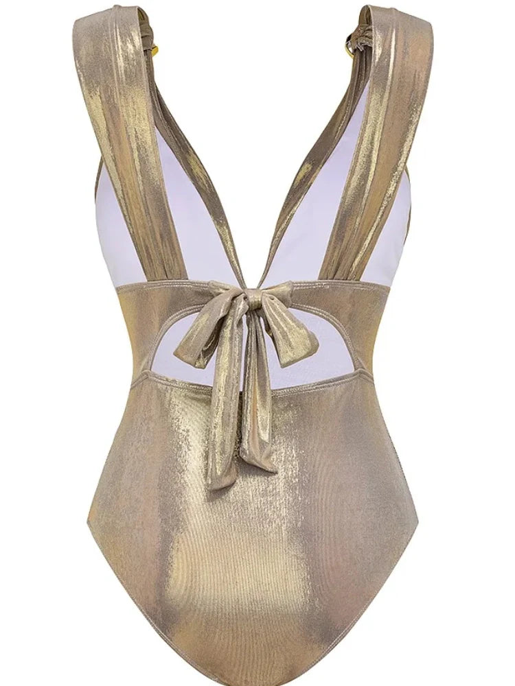 V-Neck Ruched Rhinestone One-Piece Swimsuit