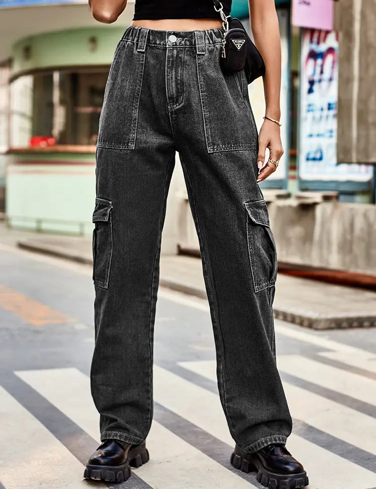 Retro Wash Elastic Waist Denim Utility Pants
