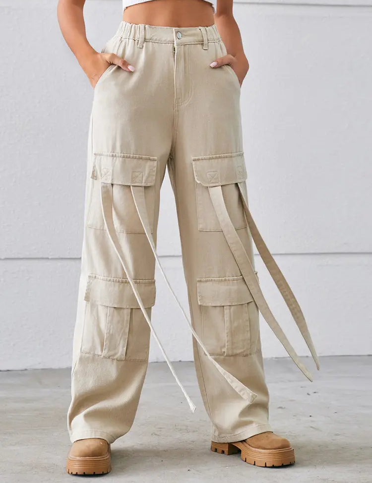 Vintage Heavy-Duty Tie-Design Denim Cargo Pants