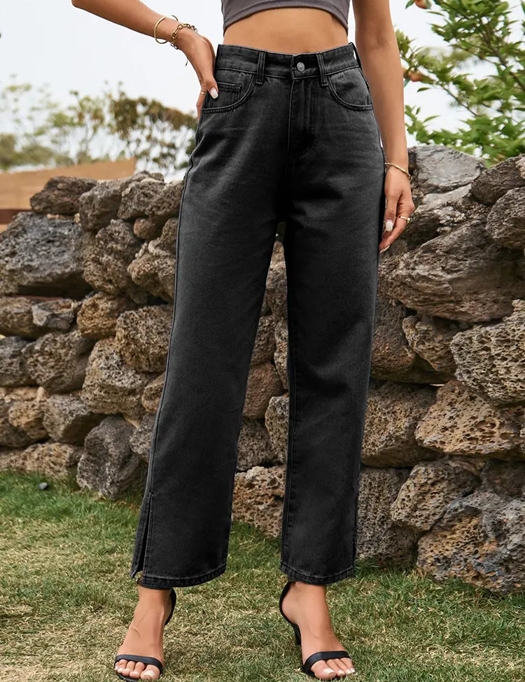 Trendy Split-Hem Washed Denim Pants