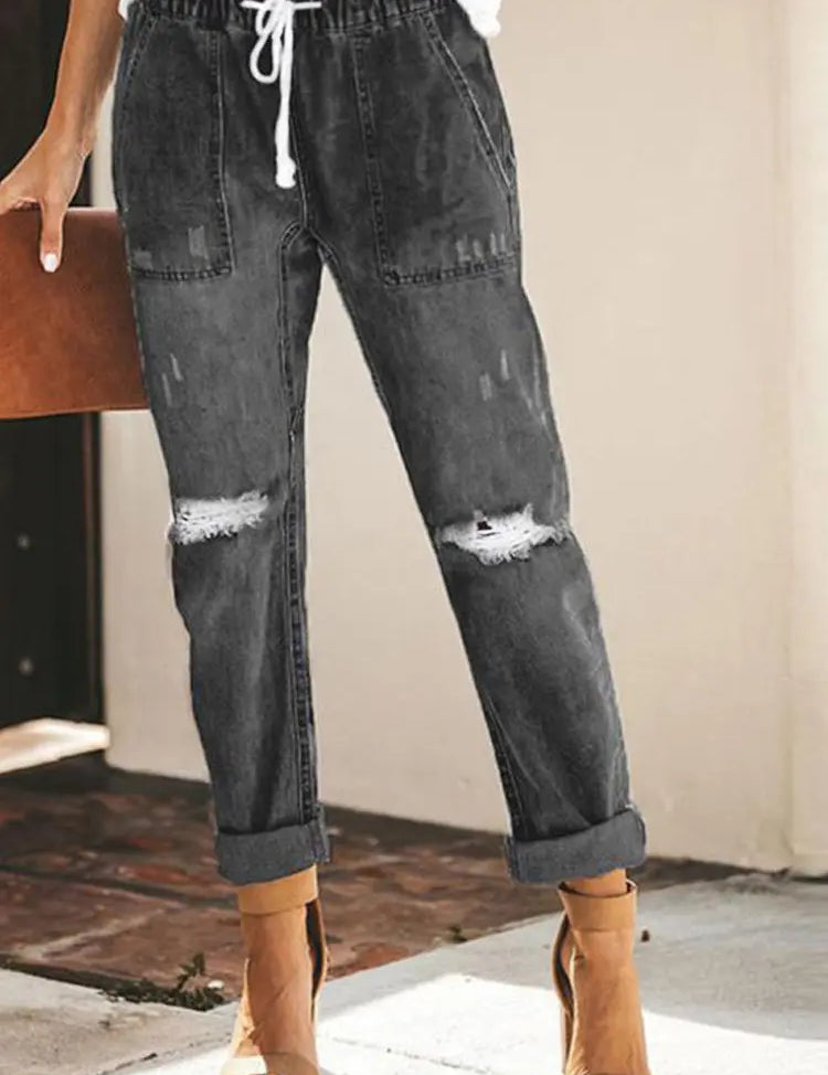 Autumn Drawstring Ripped Denim Pants