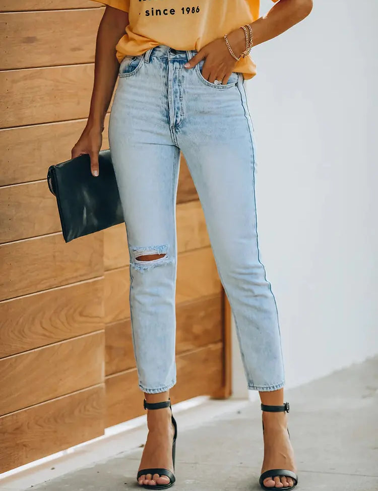 Vintage Ripped Denim Ankle-Length Pants