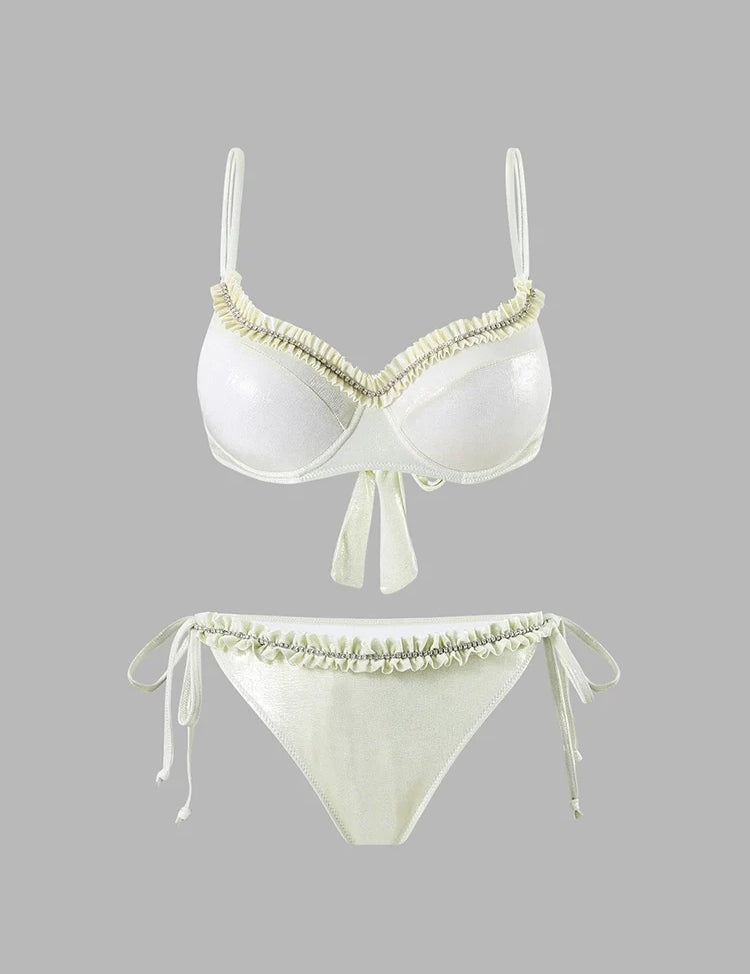 Ruched Tie-String Glossy White Bikini Set