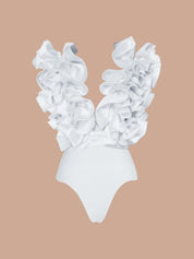White V-Neck Ruffle Swimsuit