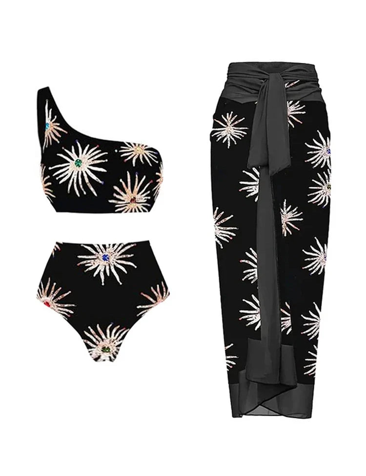 One-Shoulder High-Waist Printed Bikini Set