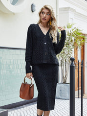 Casual Knit V-Neck Sweater & Bodycon Skirt Set