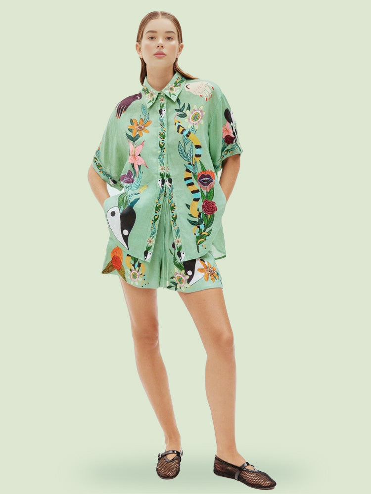 Conjunto Único de Camisa Solta e Calções com Estampa Étnica