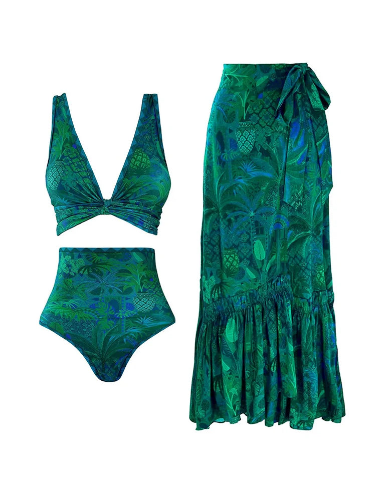Reversible Green Print High-Waist Bikini Set