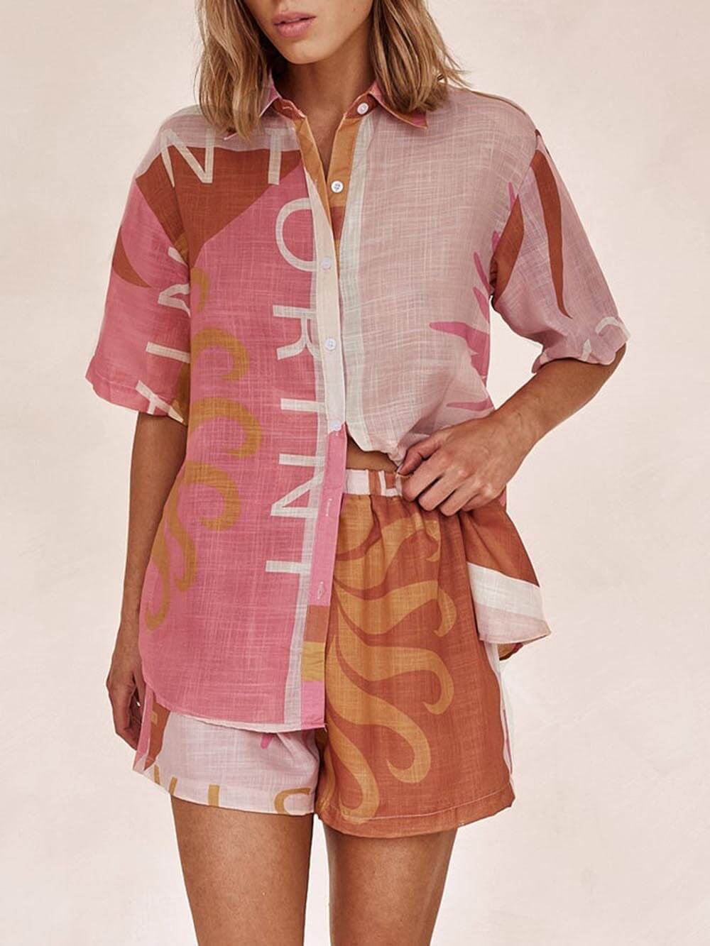 Conjunto de Camisa e Calções Soltos de Férias com Estampa Bright Sun