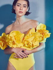 3D Floral Strapless Solid One-Piece Swimsuit
