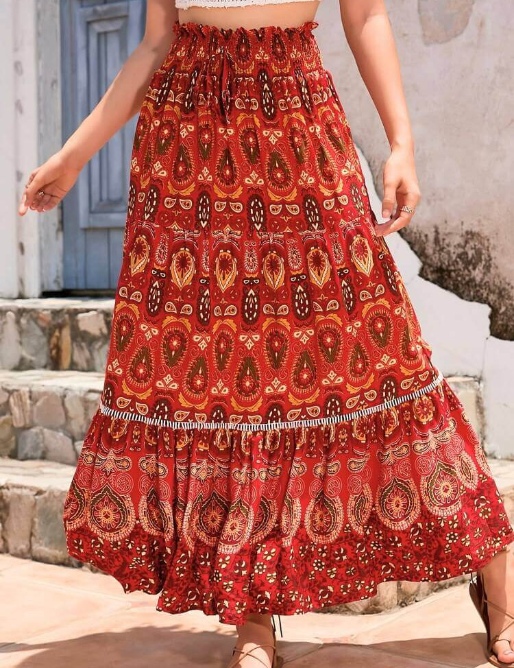 Bohemian Shirred High Waist Skirt In Red