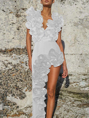White V-Neck Ruffle Swimsuit