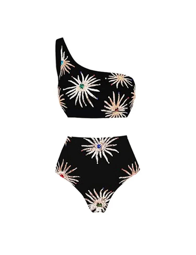 One-Shoulder High-Waist Printed Bikini Set