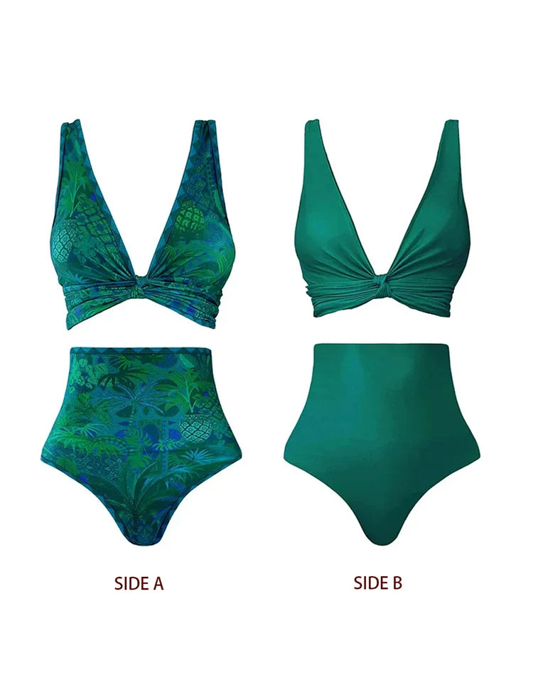 Reversible Green Print High-Waist Bikini Set