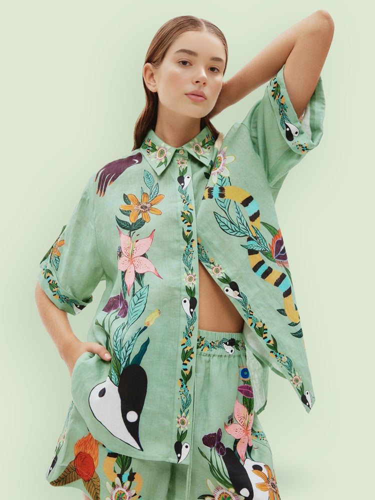 Conjunto Único de Camisa Solta e Calções com Estampa Étnica