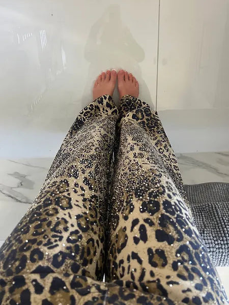 Calças de ganga evasé Leopard Diamanté