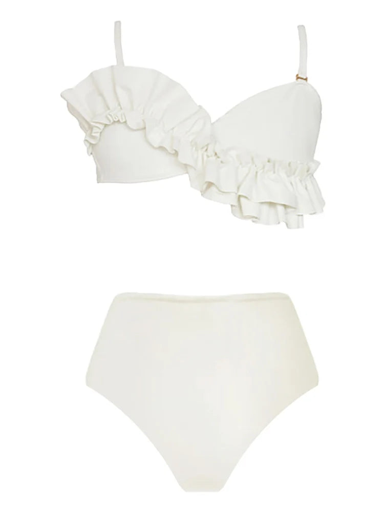 French Ruffle Solid Color Bikini Set