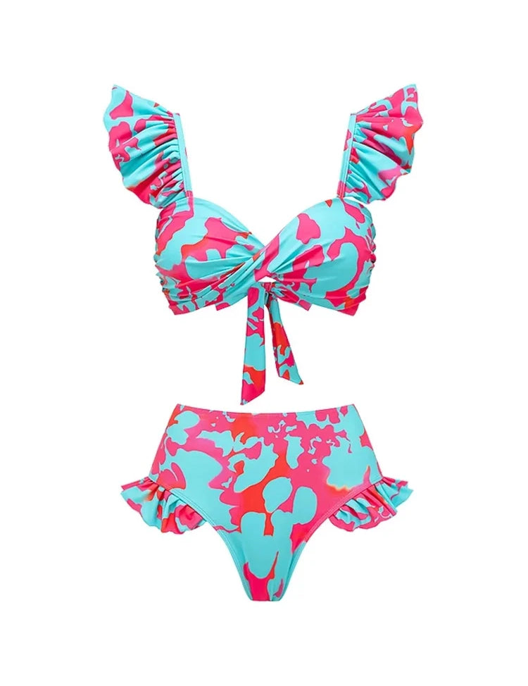 Ruffle Floral High-Waist Bikini Set