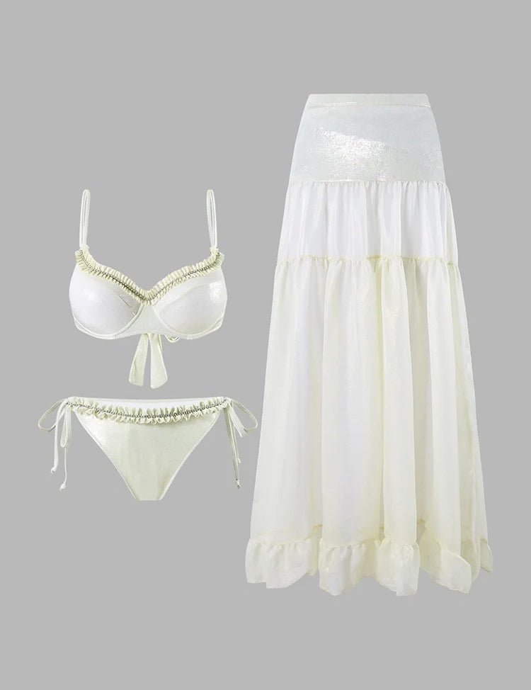 Ruched Tie-String Glossy White Bikini Set