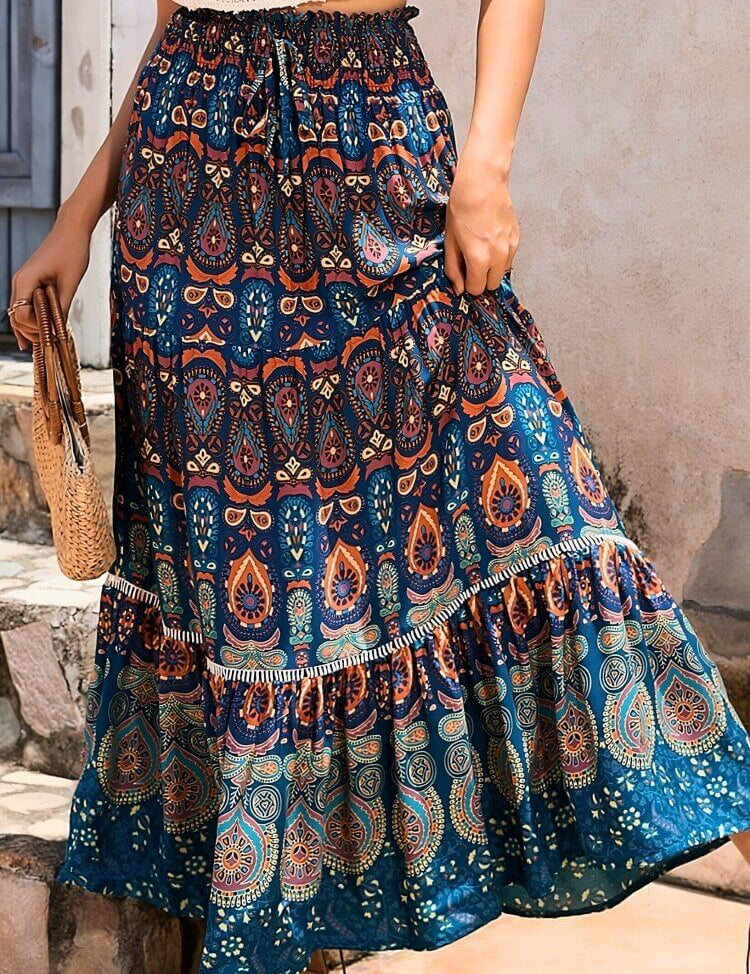 Bohemian Shirred High Waist Skirt In Brown