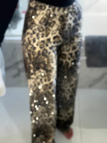 Calças de ganga evasé Leopard Diamanté