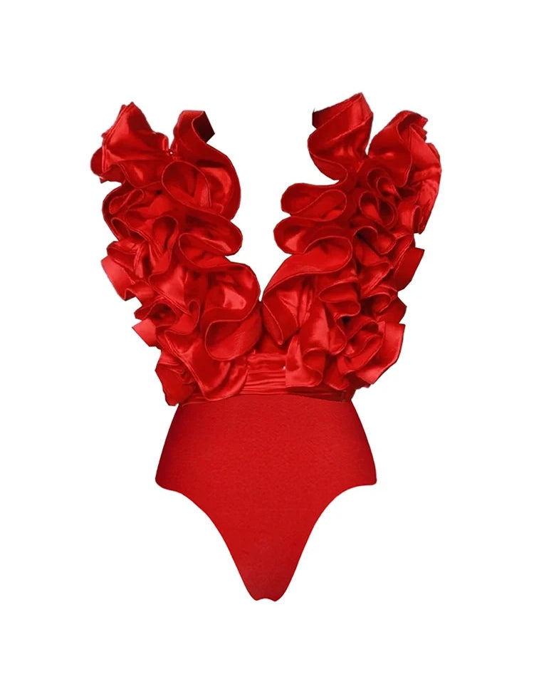 Ruffled V-Neck Red Asymmetrical Swimsuit Set