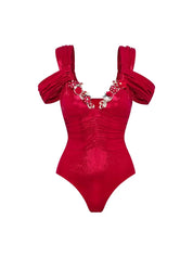 Red Glossy One-Piece with 3D Butterfly