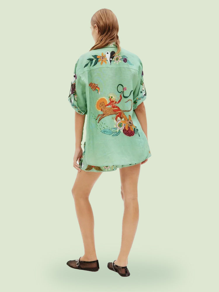 Conjunto Único de Camisa Solta e Calções com Estampa Étnica