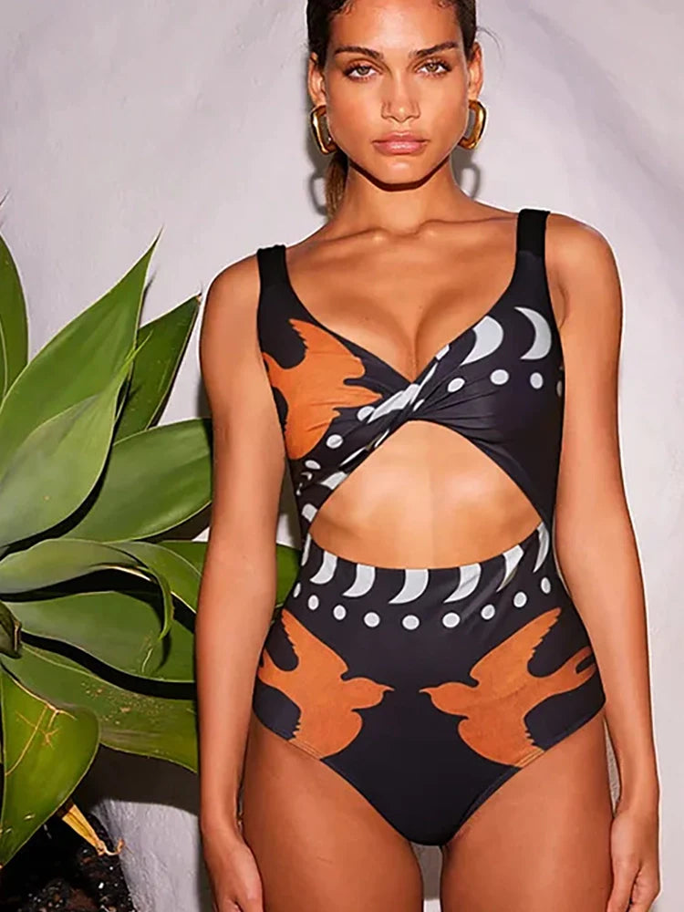 Graphic Print High-Waist Swimsuit