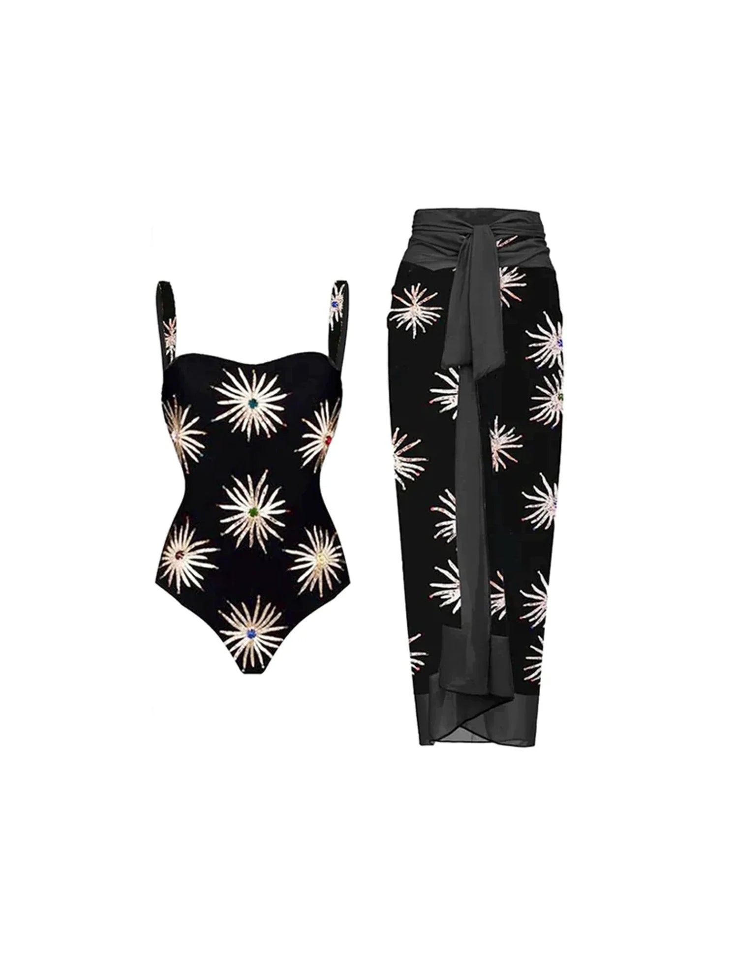Print Sheen Quick-Dry One Piece Swimsuit with Sarong - Fireworks