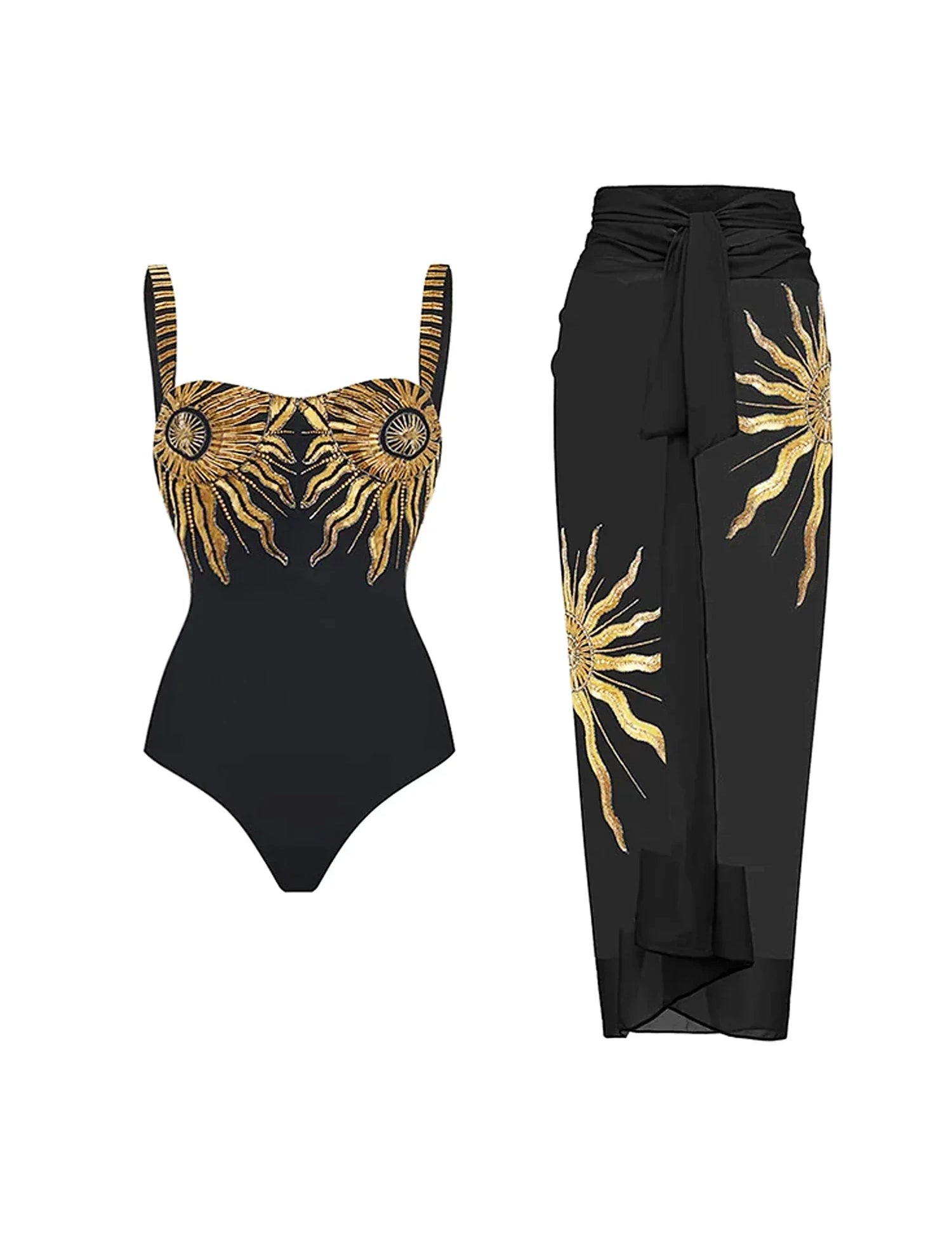Print Sheen Quick-Dry One Piece Swimsuit with Sarong - Sunflower