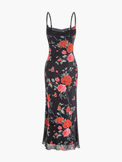 Floral Print Mesh Spaghetti Strap Maxi Dress