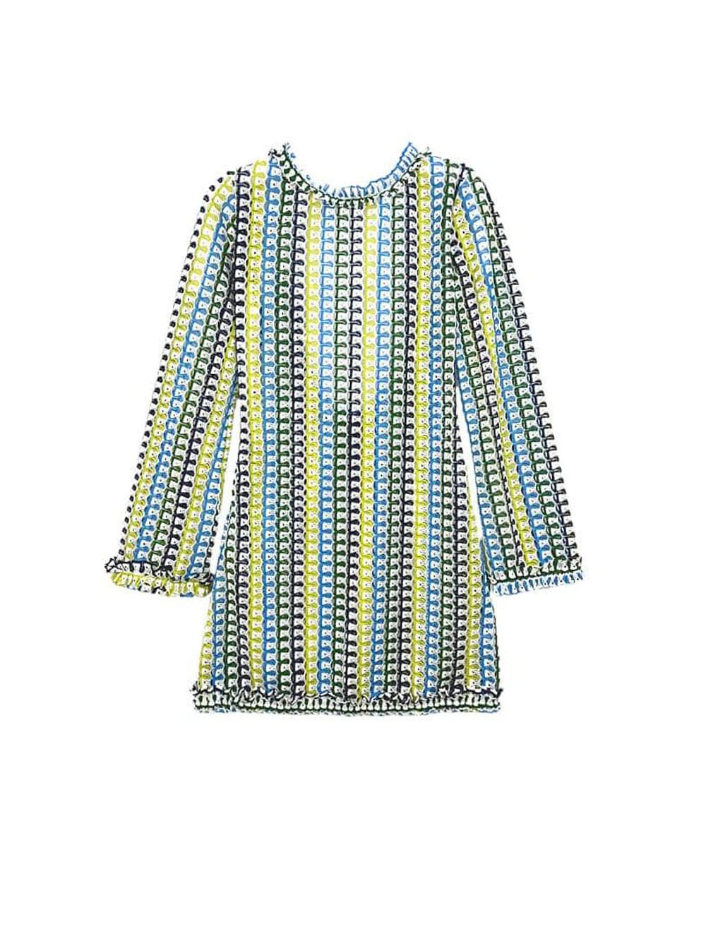 Vestido Mini de Croché Sem Costas Ruffle - Amarelo e Azul