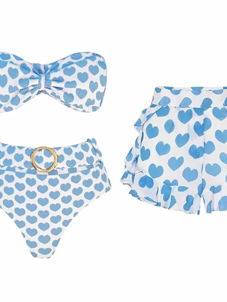 Heart Print Fresh Shorts Bikini Set