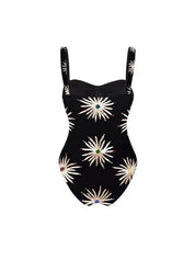 Print Sheen Quick-Dry One Piece Swimsuit with Sarong - Fireworks