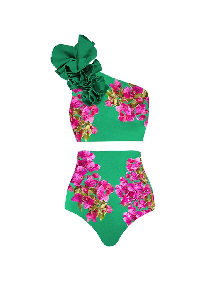 One-Shoulder Printed High-Waist Bikini Set