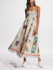 Vestido Maxi Longo com Estampa Única de Grafite e Suspensórios