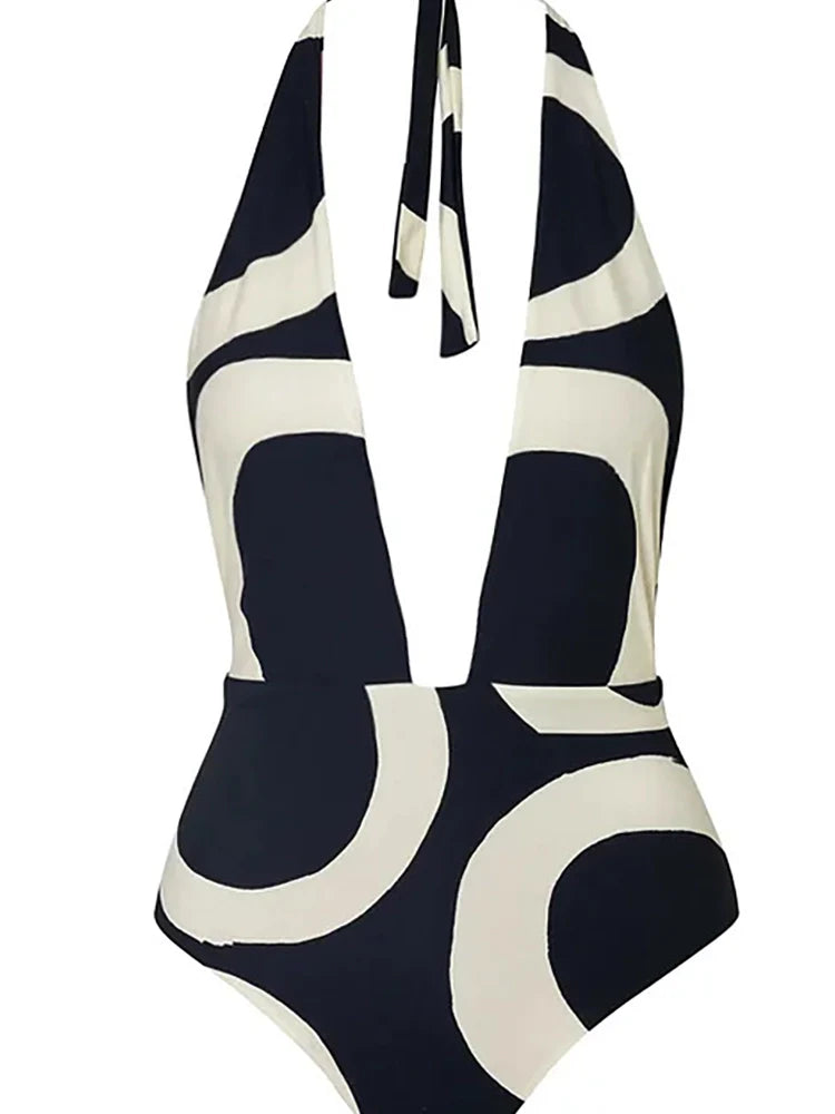 Colorblock Halter High-Waist One-Piece Swimsuit
