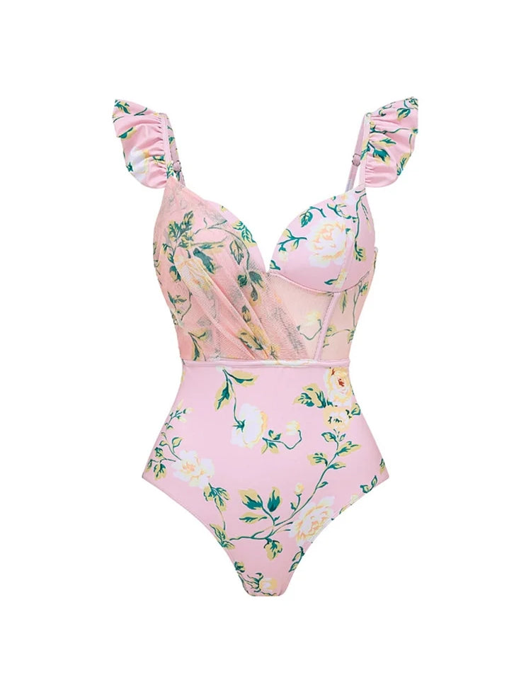Pink Floral One-Piece with 3D Crystal Flowers