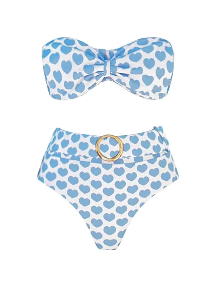 Heart Print Fresh Shorts Bikini Set