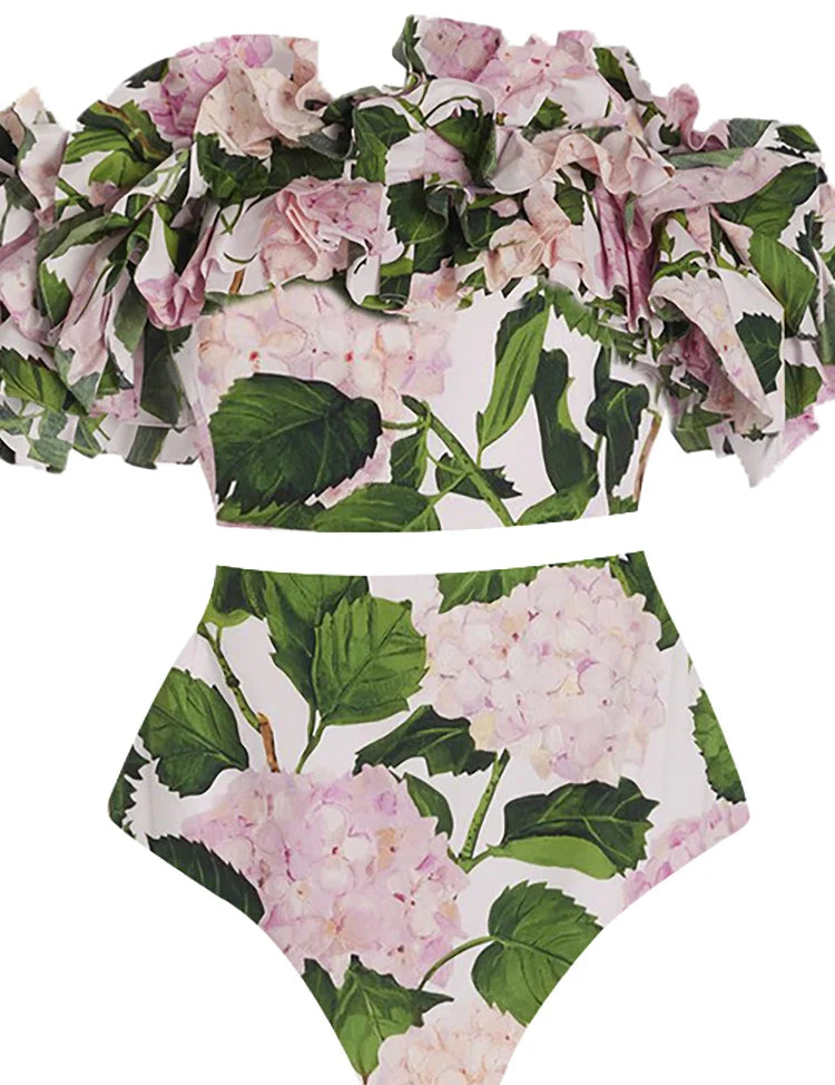 Ruffled Hydrangea Strapless Bikini Set