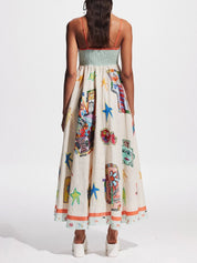 Vestido Maxi Longo com Estampa Única de Grafite e Suspensórios