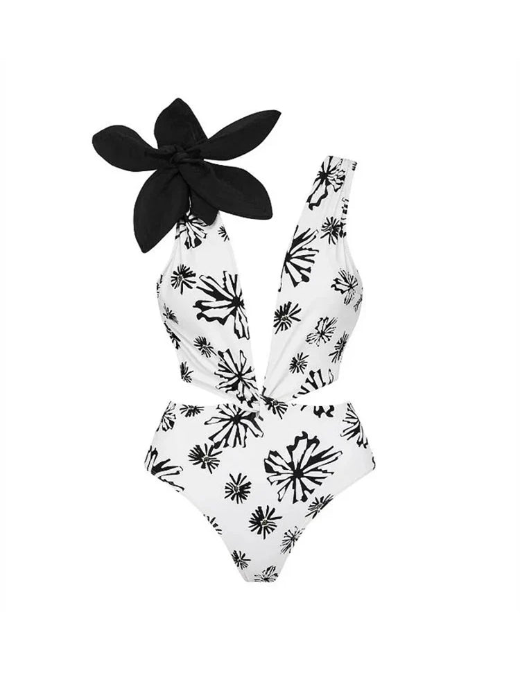 Floral Appliqué Printed White One-Piece Swimsuit