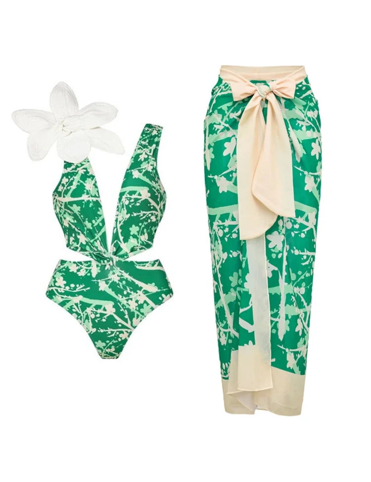 Floral Appliqué Green Printed One-Piece Swimsuit