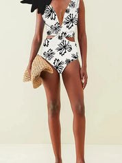 Floral Appliqué Printed White One-Piece Swimsuit