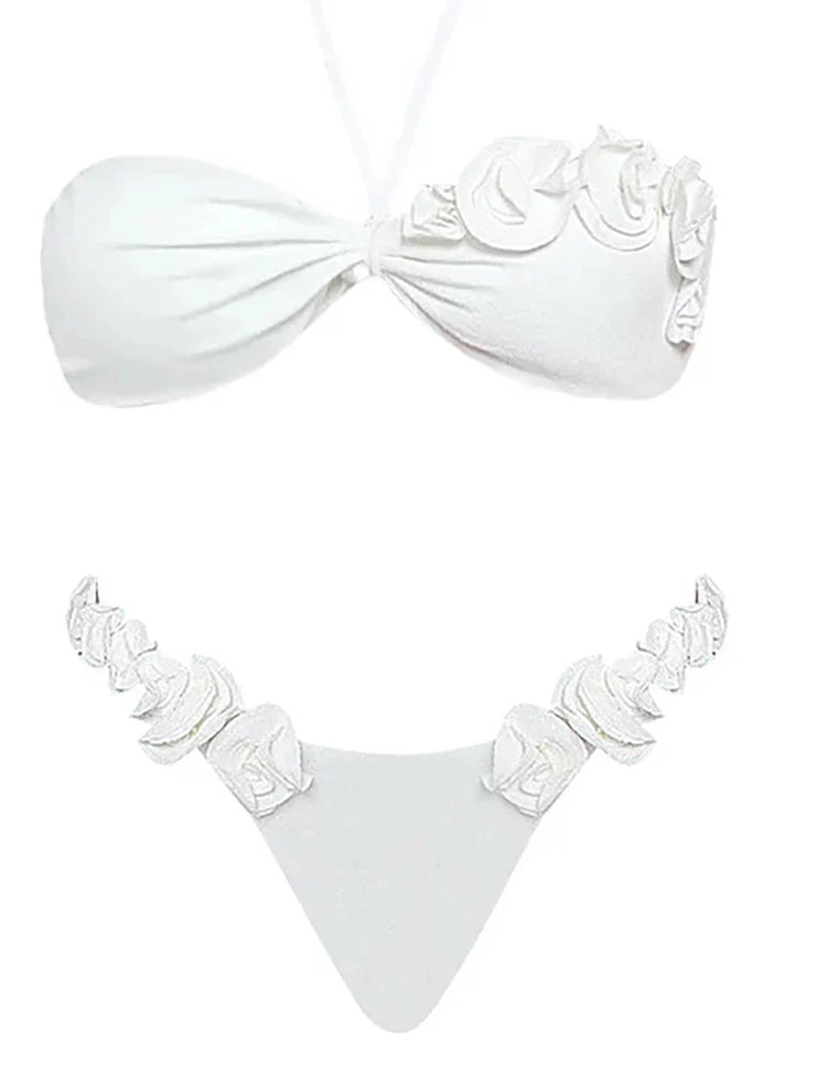 Halter Solid Color Floral Embellished Swimsuit