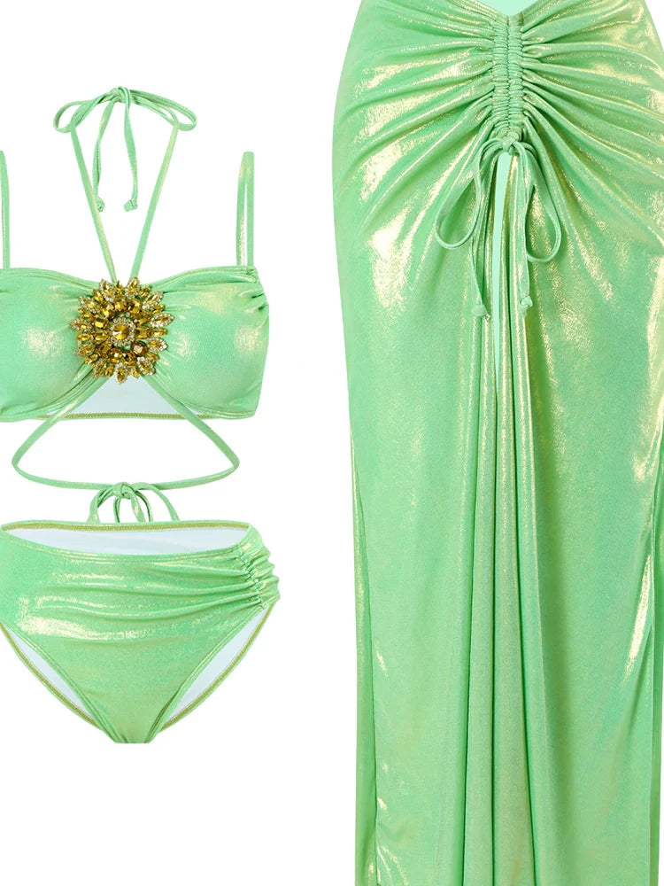 Mint Green Rhinestone Halter Bikini Set