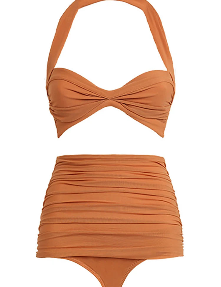 Halter Mesh Patchwork Vintage Bikini Set